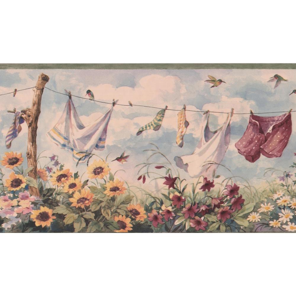 Retro Art Clothes On Drying Line Sunflowers Daisies Birds Cloudy
