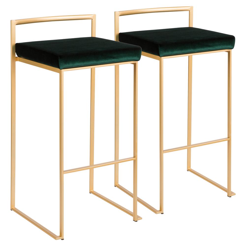 Lumisource Fuji 30 In Gold Stackable Bar Stool With Green Velvet Gold Stackable Bar Stool With Green Velvet Cushion Set Of 2