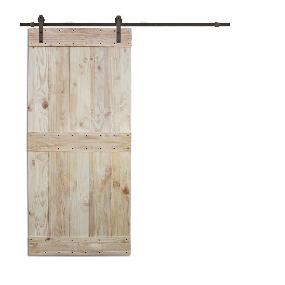 CALHOME 36 in. x 84 in. 2Side MidBar Wood Color Pine Slab Interior Barn Door with 6 ft
