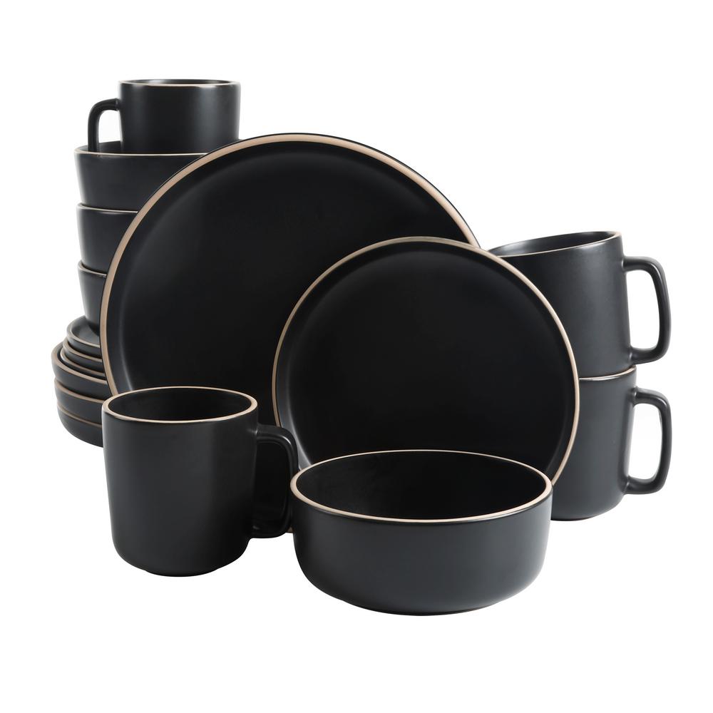 Gibson Home Zuma 16 Piece Round Kitchen Dinnerware Set  Dishes  Plates  Bowls  Mugs  Service for 4  Matte Stoneware  Black