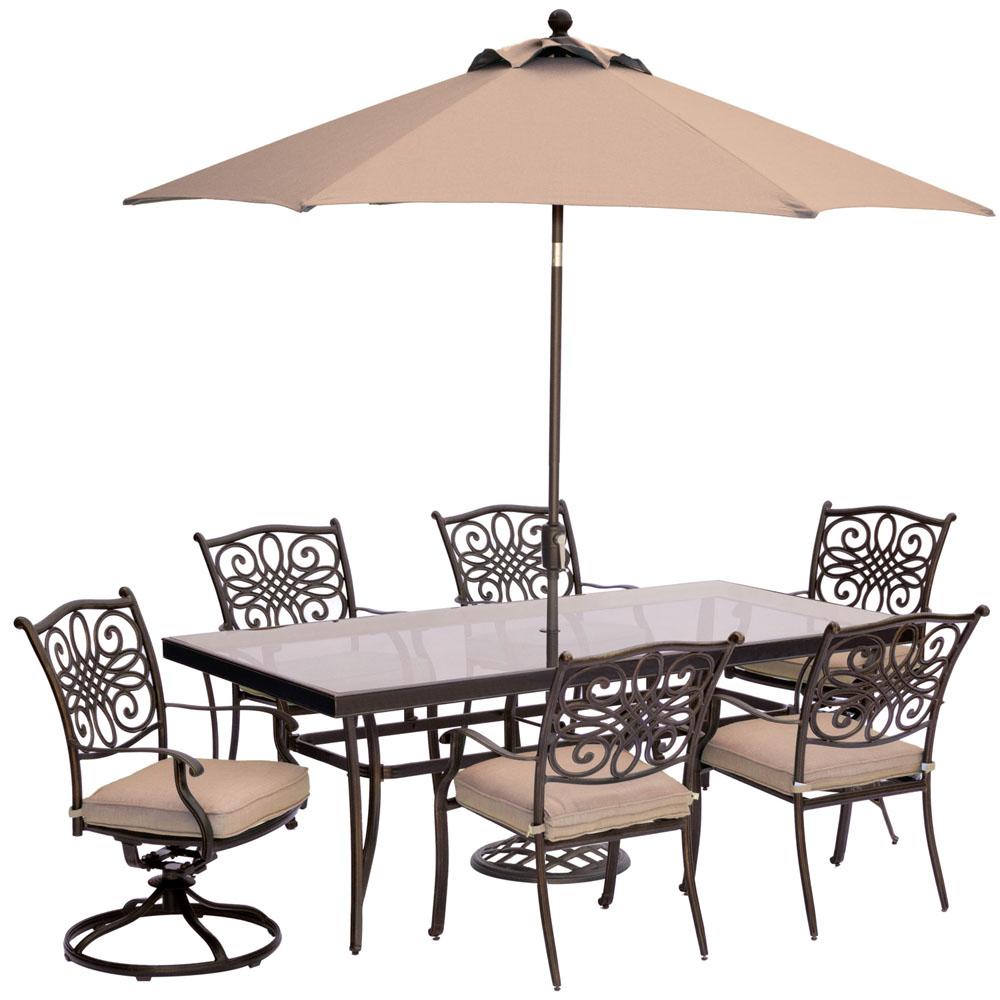 7 Piece Outdoor Dining Set With Rectangular Glass Table 2 Swivels Umbrella And Base Natural Oat Cushions