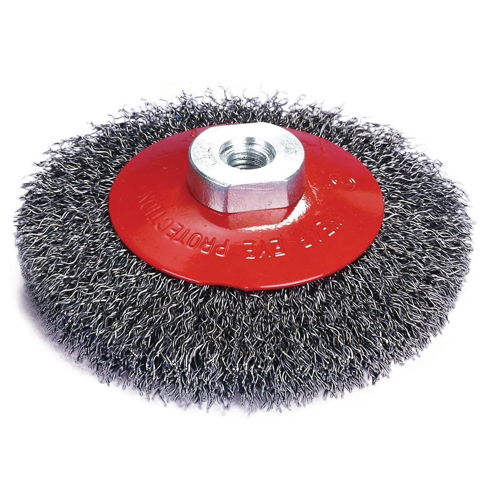 Robtec 4 in. x 5/8 in.11 Threaded Arbor Crimped Wire Bevel Wheel Brush