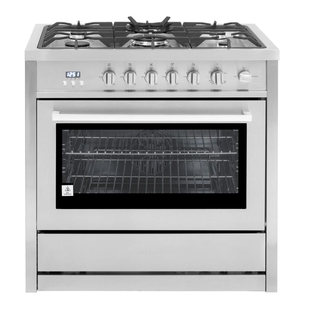 Cosmo 36 in. 3.8 cu. ft. Single Oven Gas Range with 5 Burner Cooktop and Heavy Duty Cast Iron Grates in Stainless Steel