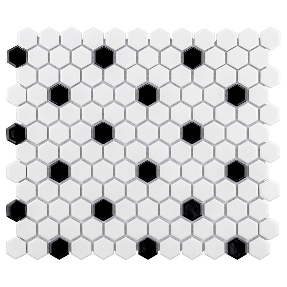 Merola Tile Metro Hex Glossy White With Black Dot 10 1 4 In X 11 3 5 Mm Porcelain Mosaic 8 56 Sq Ft Case