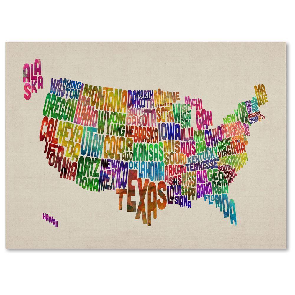 Trademark Fine Art 14 in. x 19 in. USA States Text Map Canvas Art