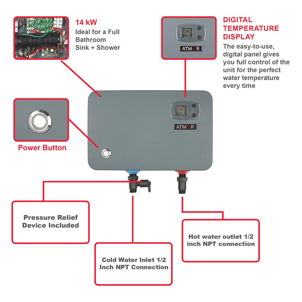 Atmor 14 000 Watt 240 Volt 2 3 Gpm Digital Self Modulating Electric Tankless Water Heater Ideal For Full Bathroom At Tbdt 14hd The Home Depot