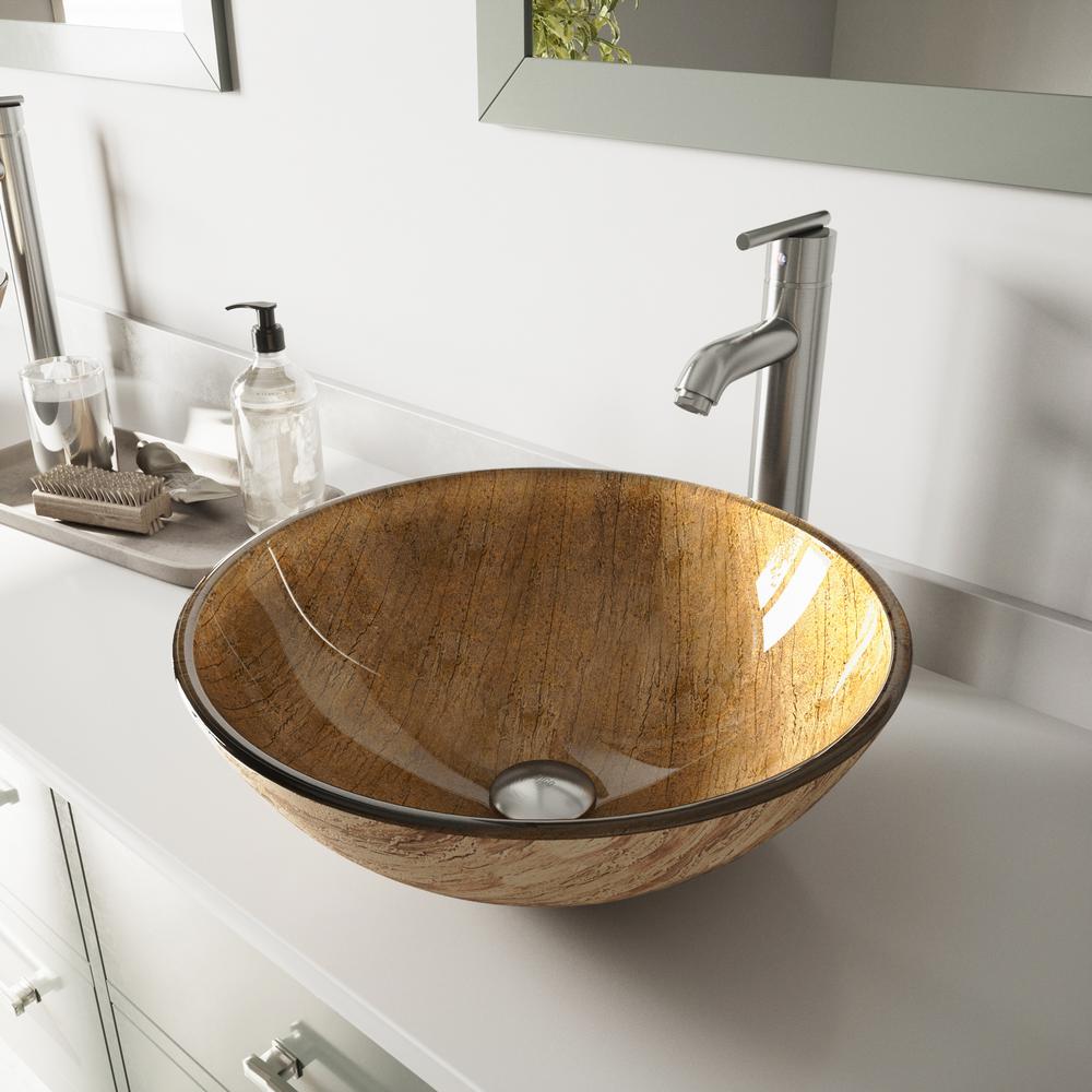 Vigo Amber Sunset Glass Vessel Bathroom Sink In Multicolor With Faucet Brushed Nickel