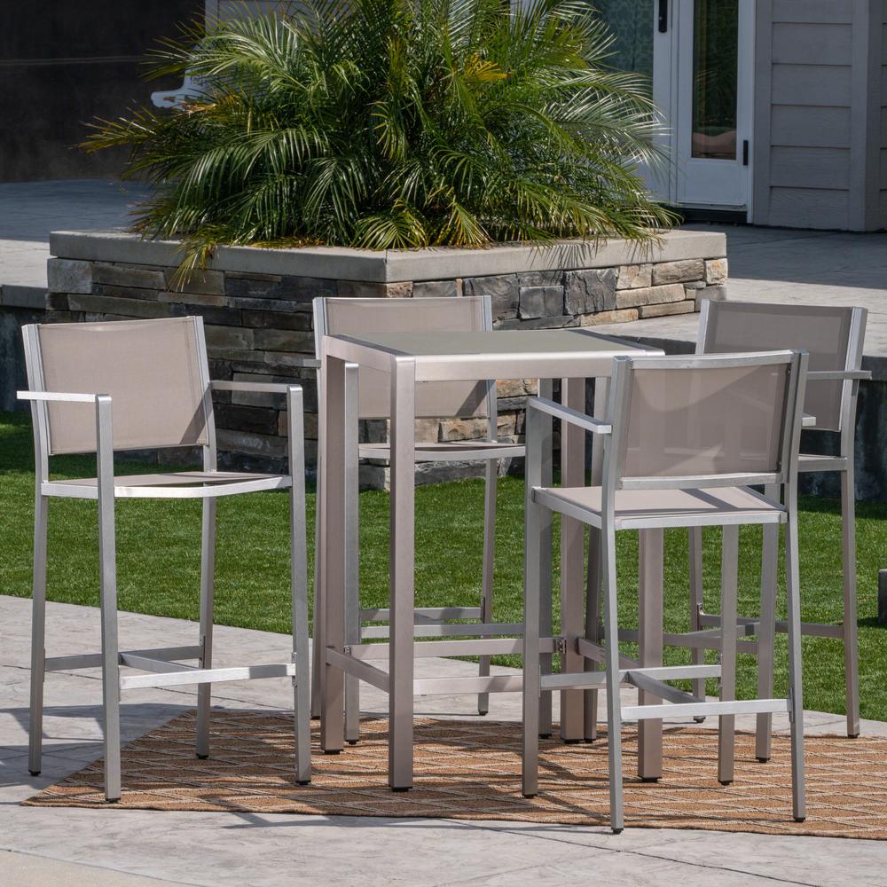 Noble House Cape C Silver 5 Piece Aluminum Outdoor Bar Height Bistro Set