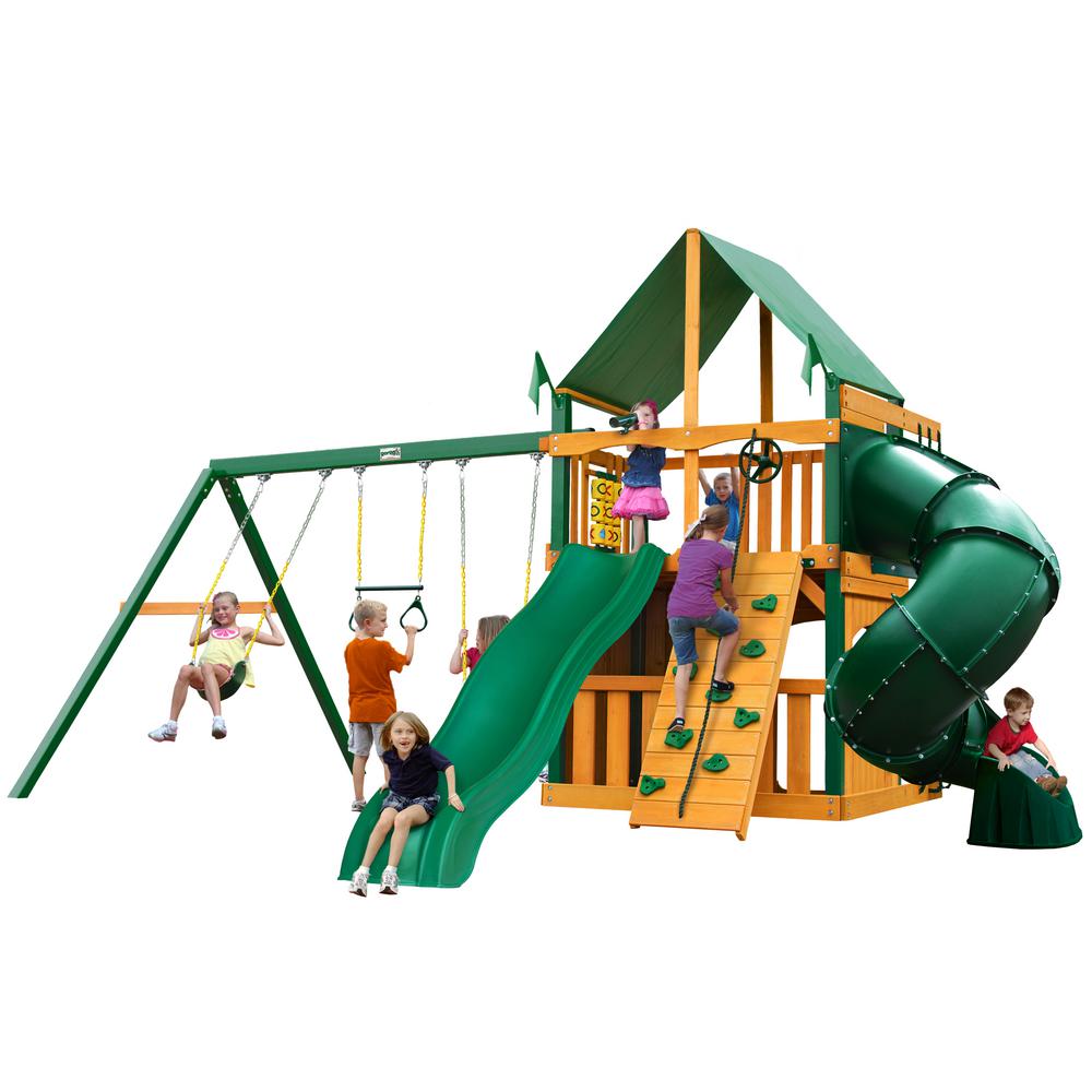 Gorilla Playsets Mountaineer Clubhouse Cedar Swing Set with Green Vinyl
