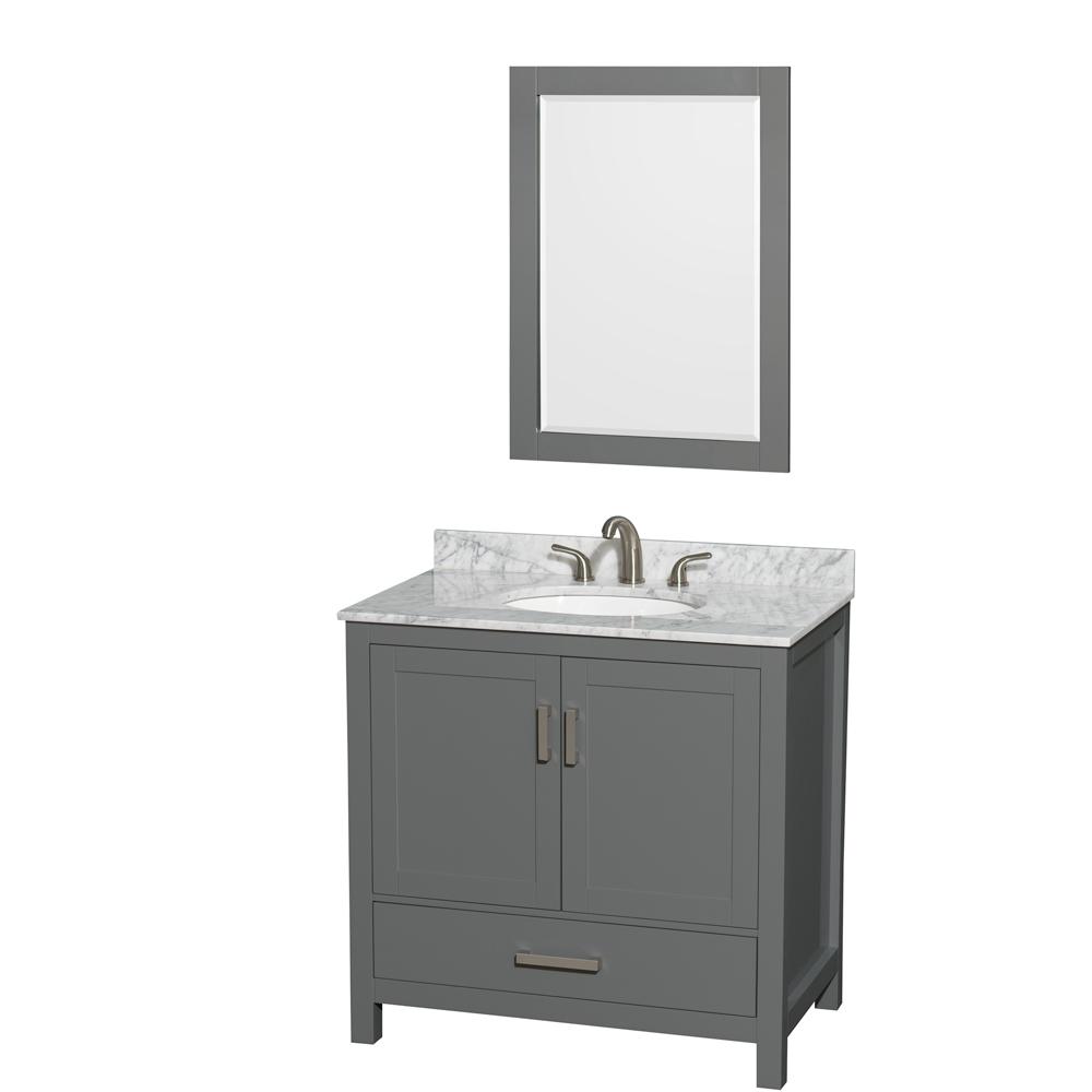 Wyndham Collection Sheffield 36 In W X 22 D Vanity Dark Gray Sheffield 36 In W X 22 D Vanity Dark Gray With Marble Top White Carrara Basin And Mirror