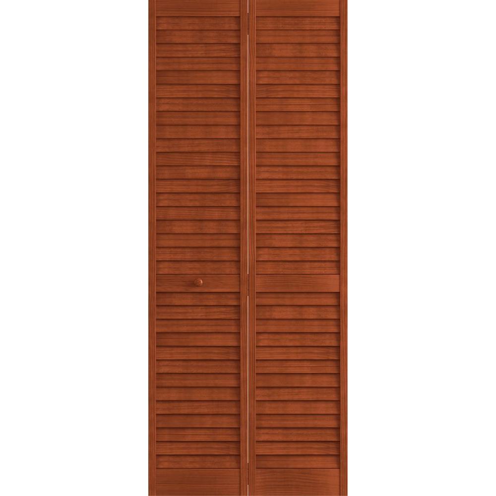 Veranda 30 in. x 80 in. Louver Pine Mahogany Plantation Interior Closet Bifold Door3115186