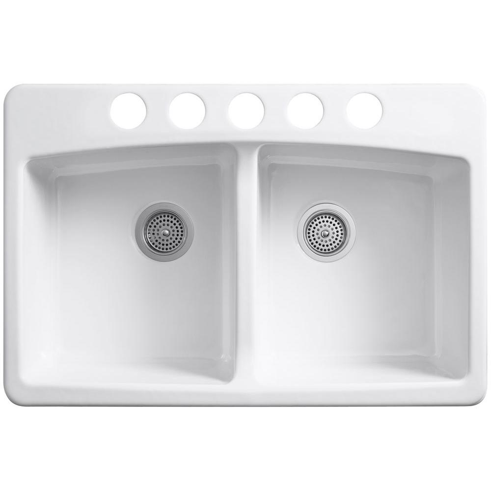 Kohler Brookfield Undermount Cast Iron 33 In 5 Hole Double Bowl Kitchen Sink In Biscuit