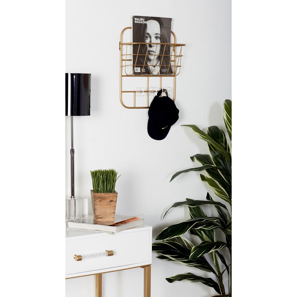 Litton Lane Gold Iron Wall Mounted Basket Rack With Hooks 45849