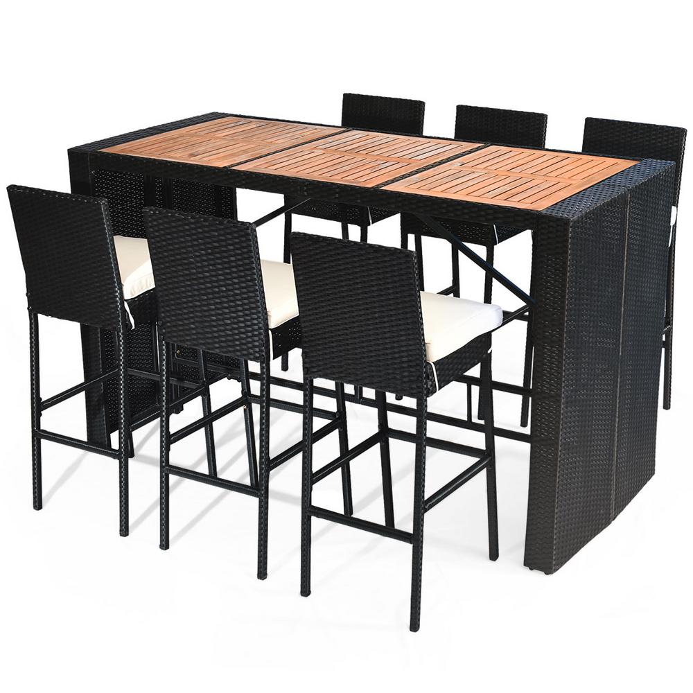 COSTWAY 7 PCS Patio Rattan Wicker Bar Dining Furniture Set wood Table Top 6 Stools