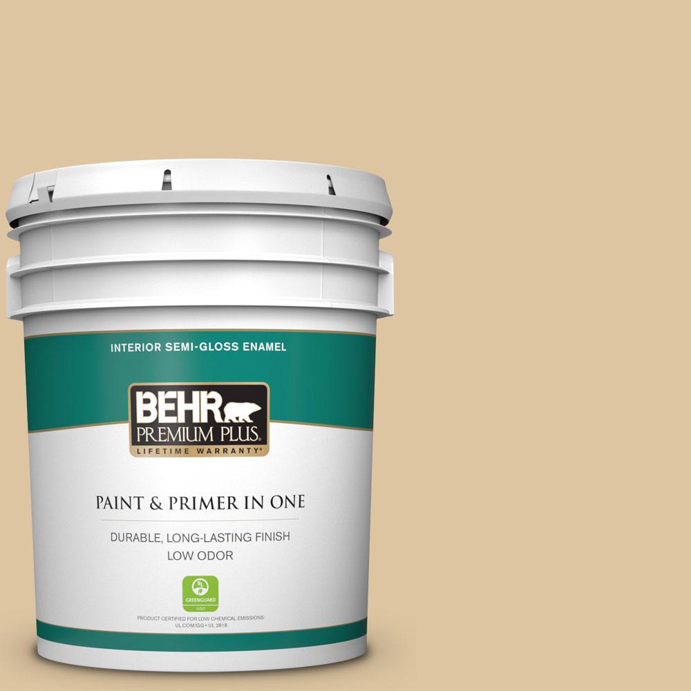 BEHR PREMIUM PLUS 5 gal. 320E3 Riviera Sand SemiGloss Enamel Low Odor Interior Paint and