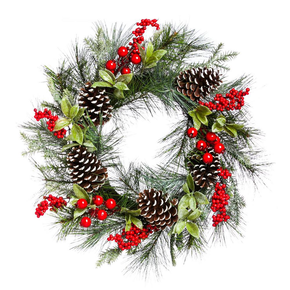Evergreen 24 in. Christmas Holly and Pinecone Wreath8WR084 The Home