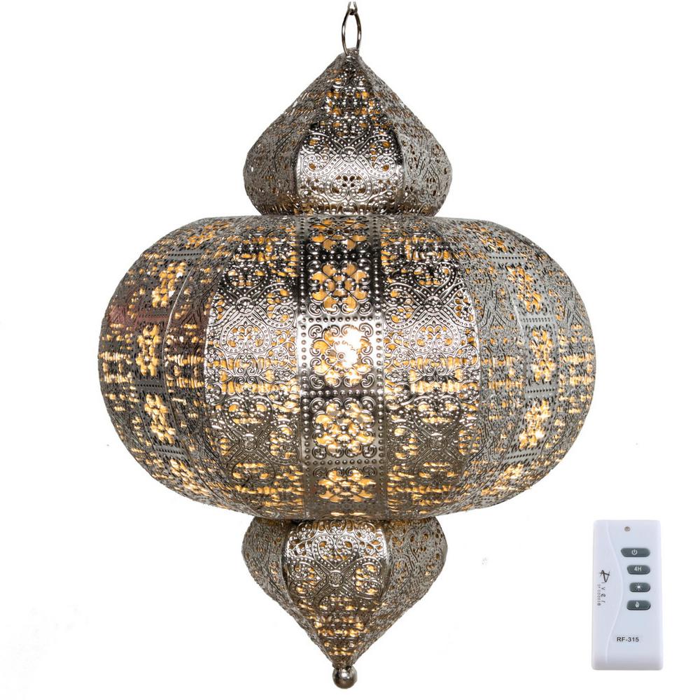 Battery Remote Control Included Outdoor Lighting Outdoor Silver Integrated Led Hanging Lantern With Punched Metal Design