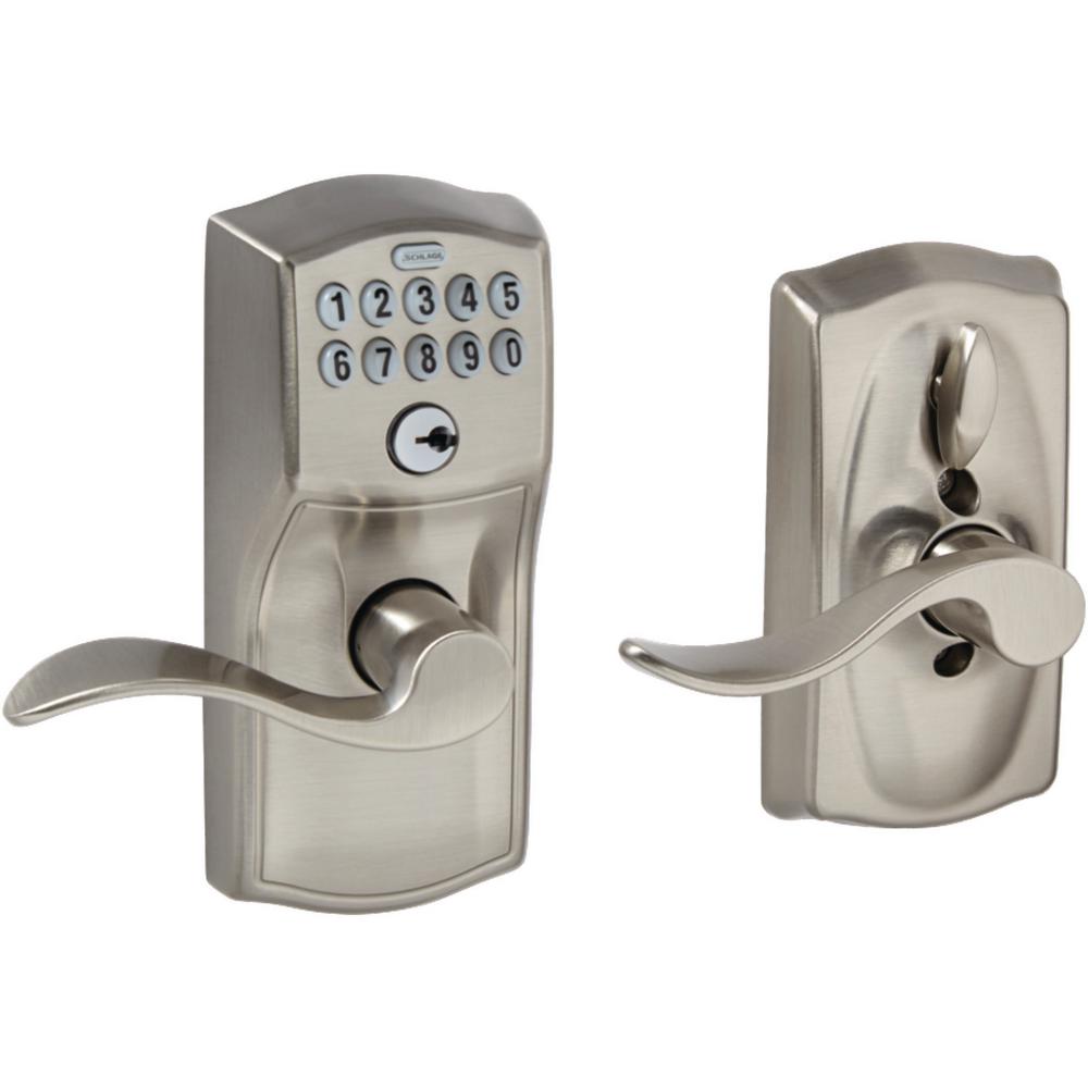 Schlage Camelot Satin Nickel Electronic Door Lock With Accent Door Lever Featuring Flex Lock