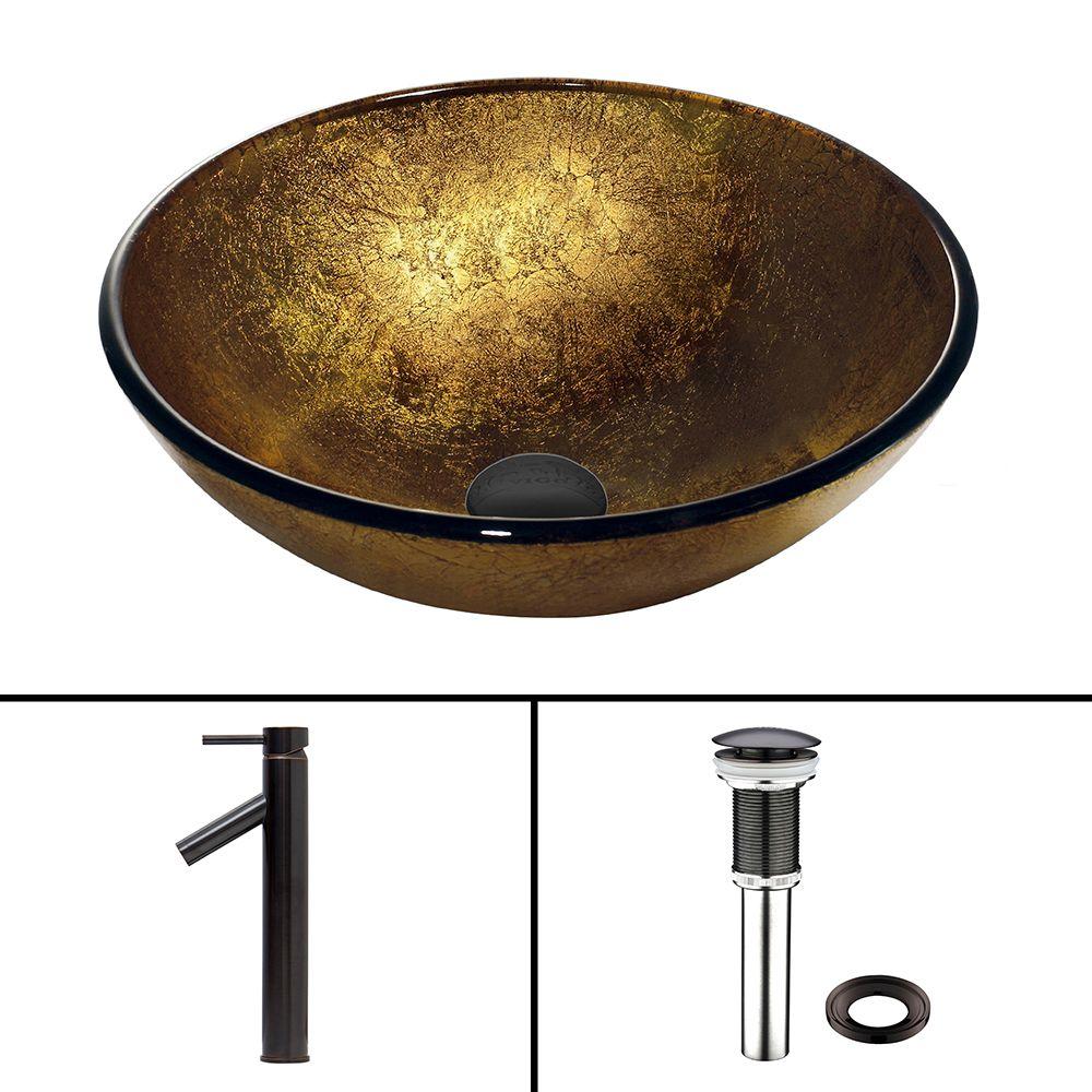 VIGO Glass Vessel Sink in Liquid Gold and Dior Faucet Set in Antique
