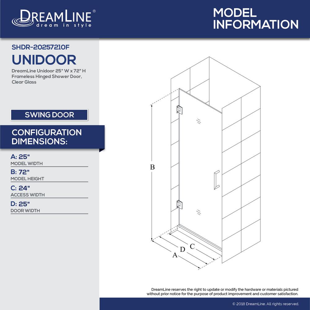 Dreamline Unidoor 25 In X 72 In Frameless Hinged Shower Door In